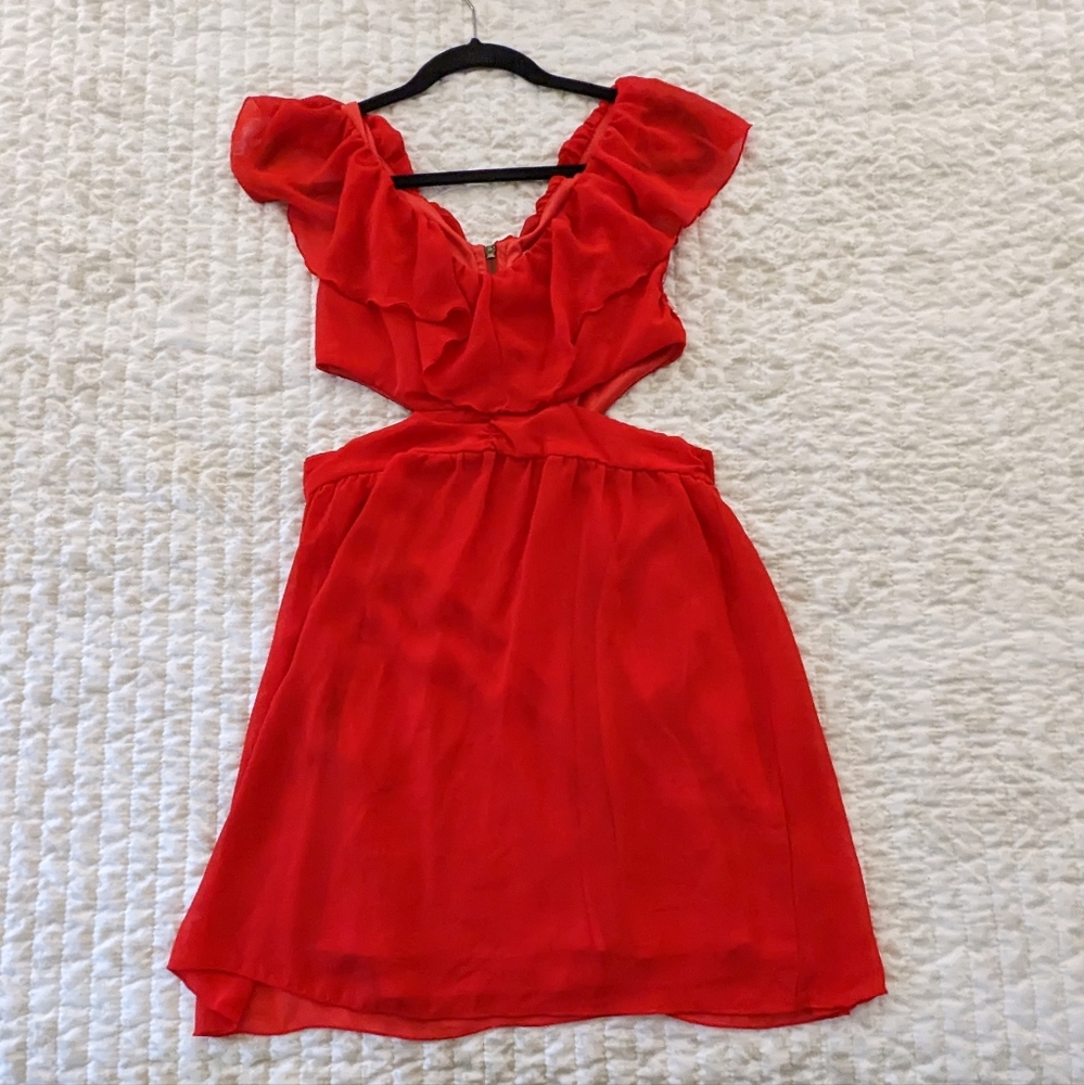 SPEECHLESS | bright red cutout dress with ruffle sleeves and accent zipper